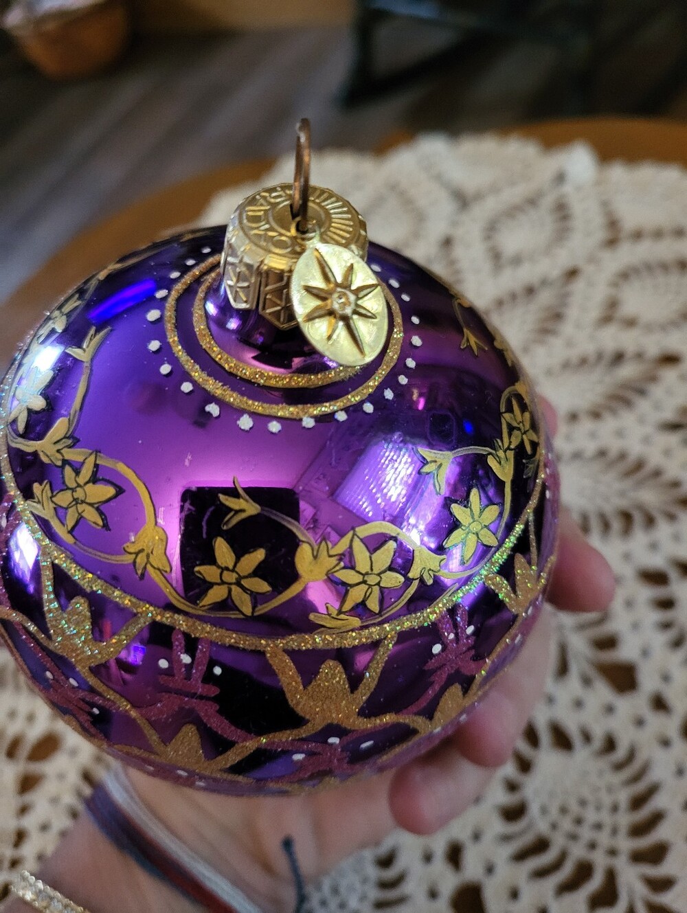 Glass Christmas ornament, Christopher Radko hand-painted purple with gold floral